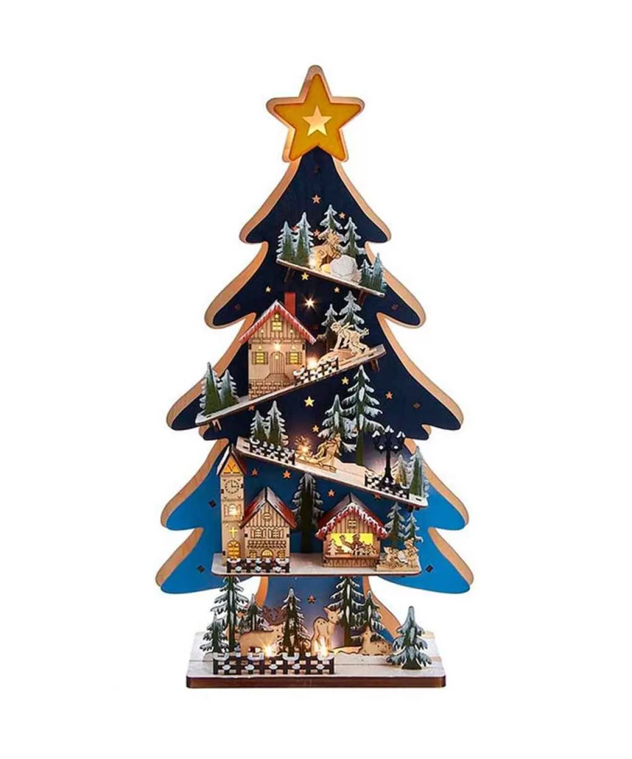 Kurt Adler Light-Up Led Wooden Christmas Tree With Village Scene* Figurines