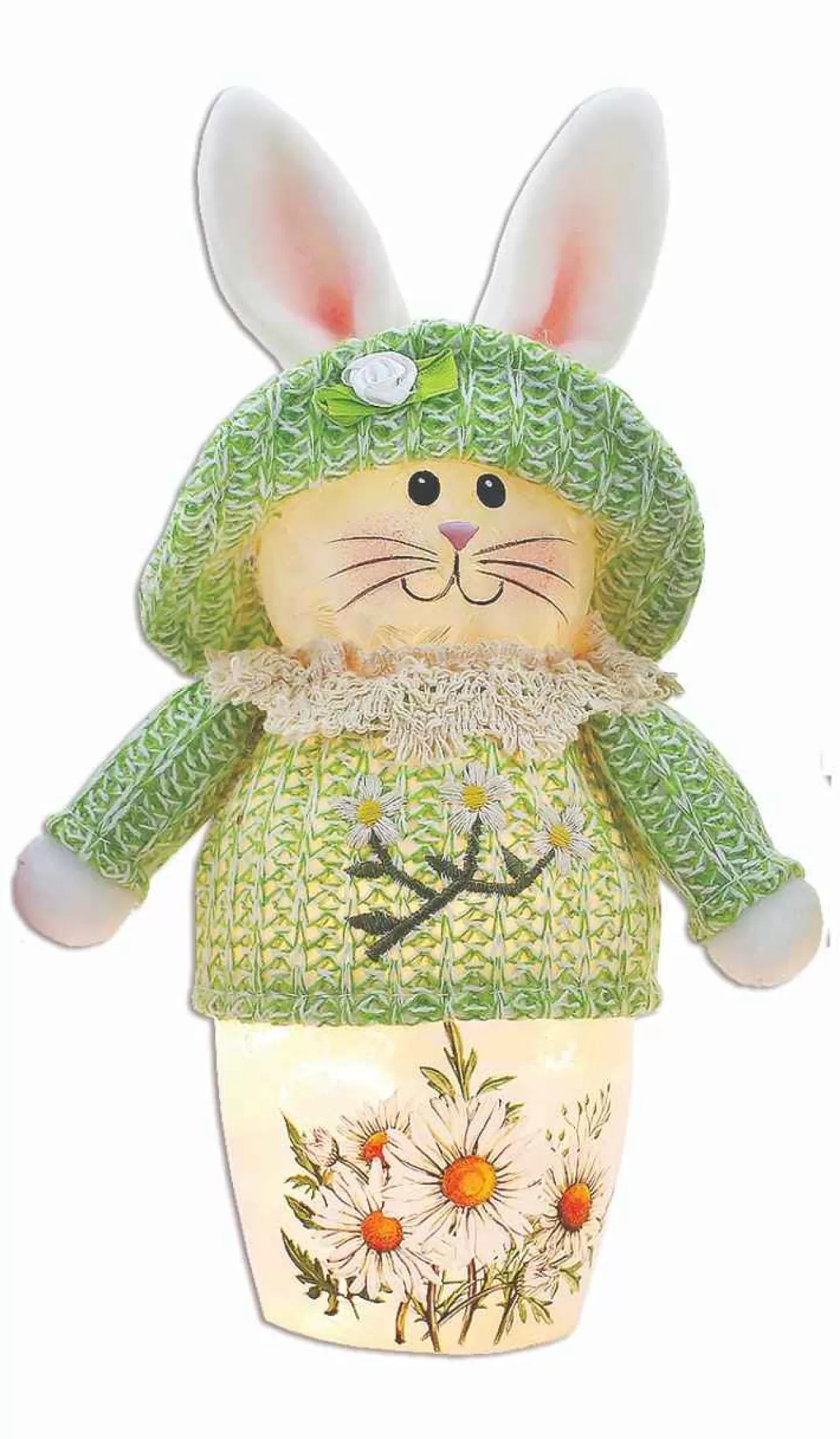 Stony Creek - Vase Shaped Decorative Light - Hand-Painted Daisy Flower With A Fabric Rabbit Sitting On Top* Easter And Spring